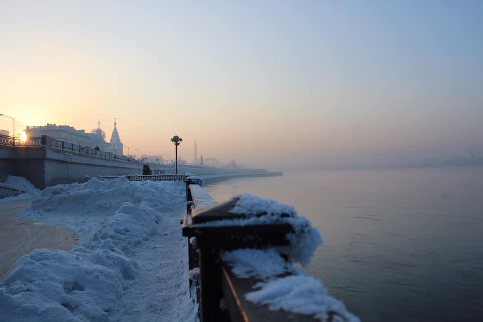 The river floating through a winter cold Irkutsk