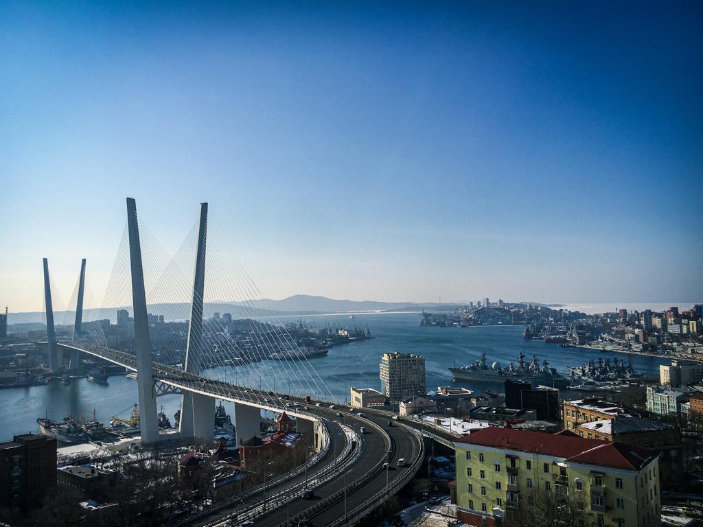 View over Vladivistok harbour with its modern bridge